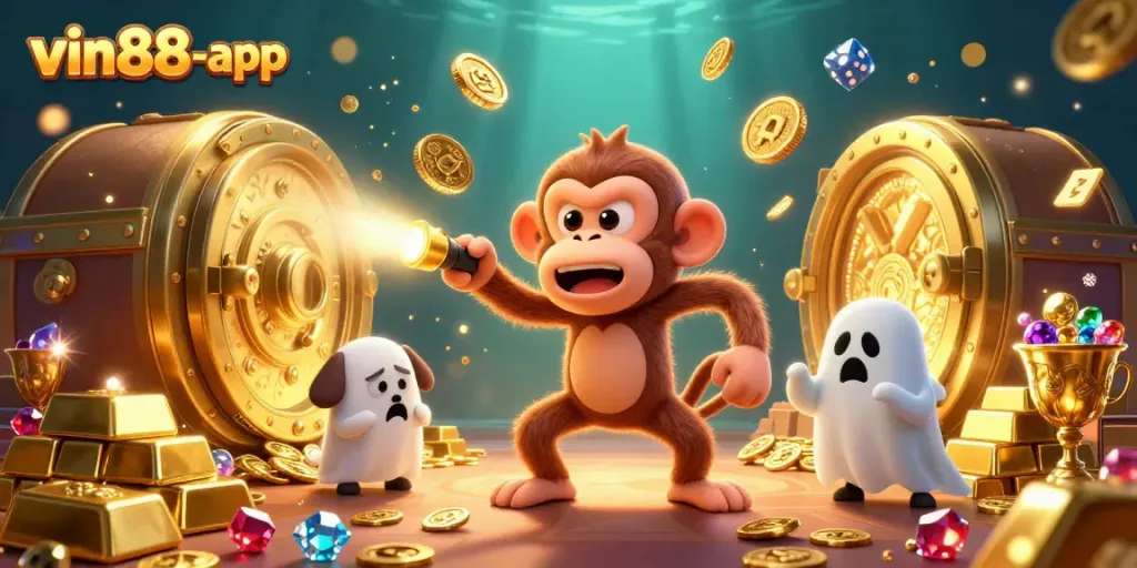 Engage with the vin88-app as a mischievous monkey juggles casino treasures in a thrilling 3D scene.