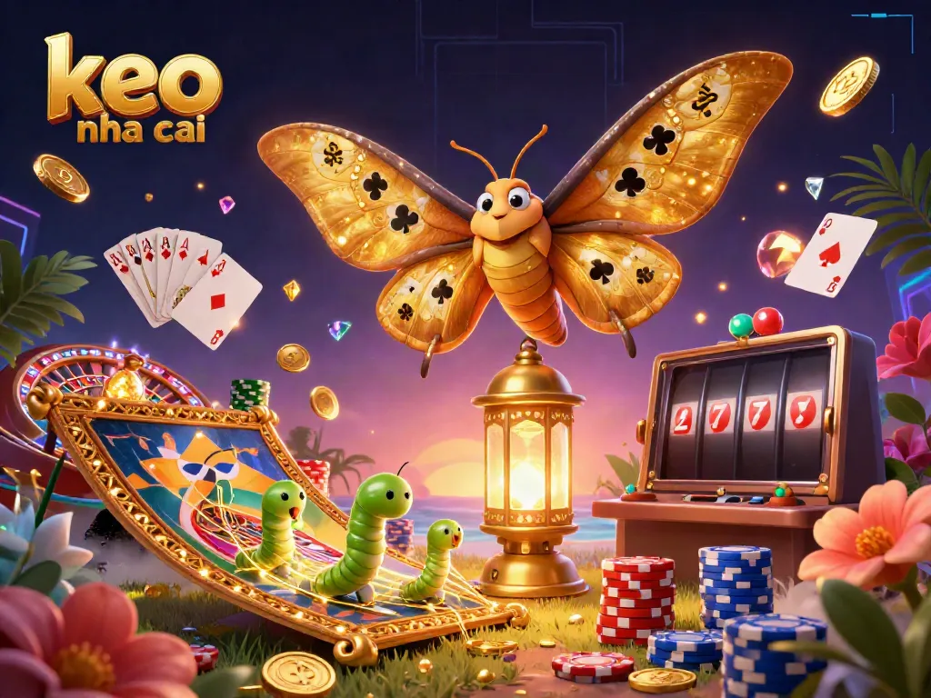Engaging scene of "keo nha cai" showcasing golden moth and vibrant casino elements like coins, roulette, and poker chips.