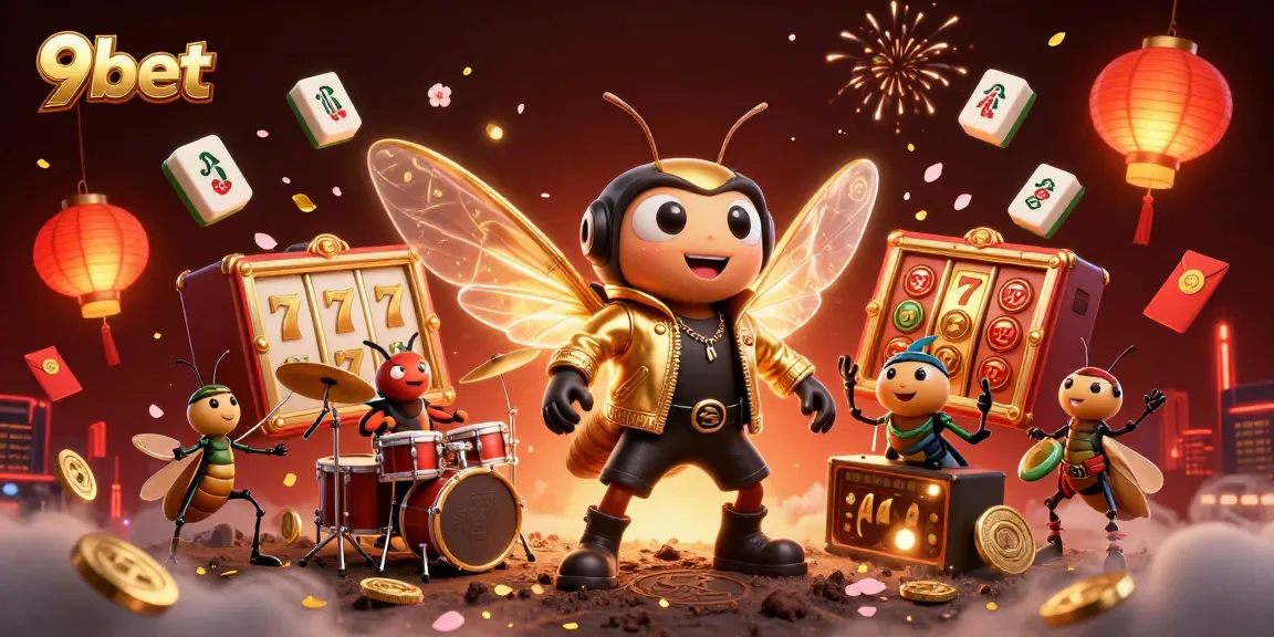 Engaging scene of 9bet featuring a magical rock star cicada and a rich casino atmosphere.