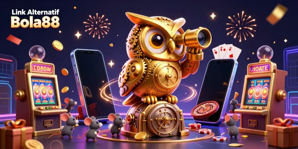 Experience the excitement of Link Alternatif Bola88 with vibrant casino elements and engaging characters in action.