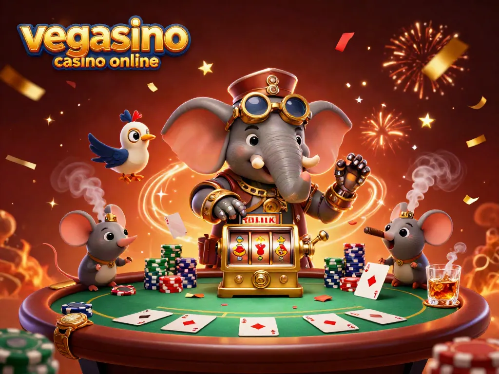 Play exciting games at vegasino casino online with colorful poker chips and a joyful steampunk atmosphere.