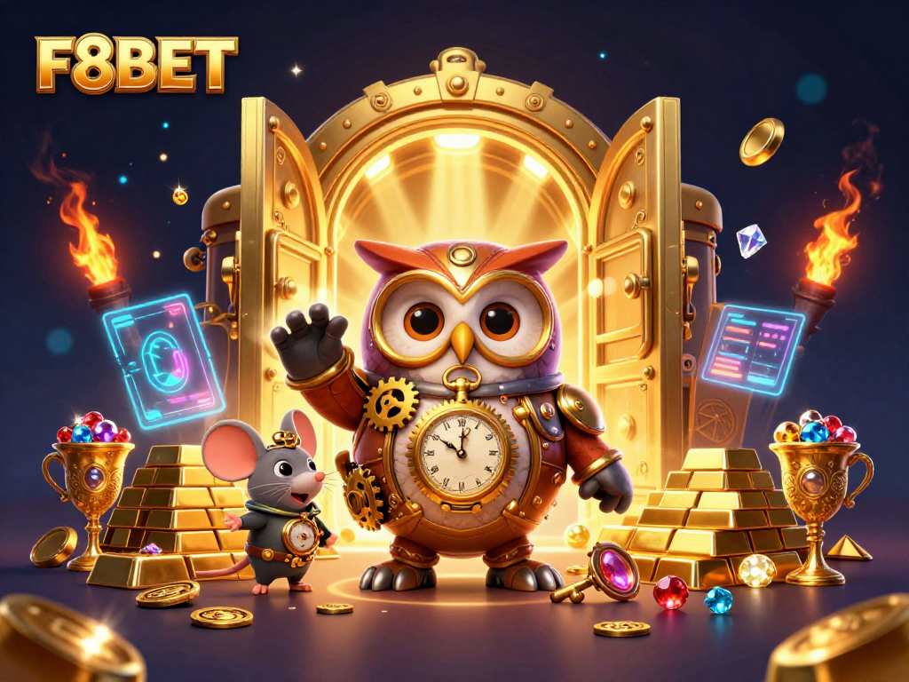 Experience the vibrant world of F8BET, featuring a whimsical time-traveler owl amidst a treasure-filled casino.