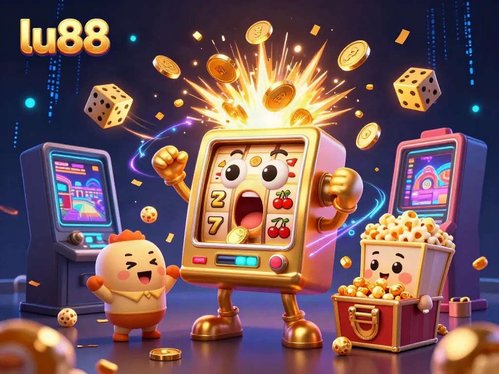 Experience the excitement of lu88 as the golden slot machine hits a jackpot, surrounded by energetic cheering machines and vibrant casino graphics.