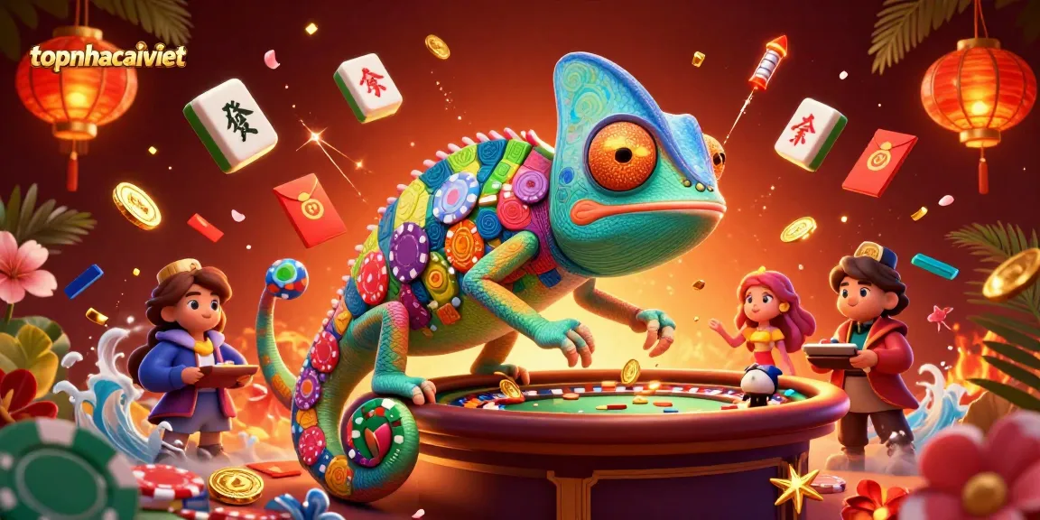 Engage in thrilling gameplay at topnhacaiviet with vibrant casino illustrations featuring a chameleon casino owner.