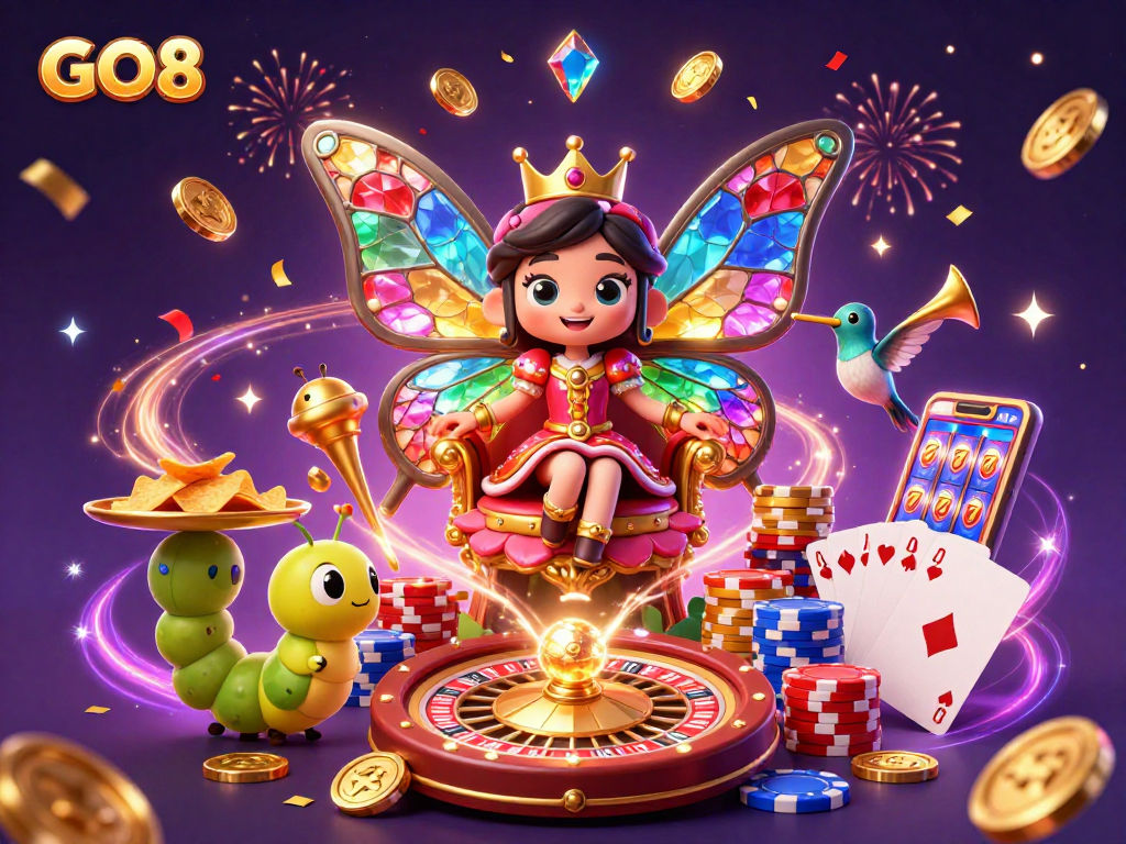 Spin to win at GO8 with a vibrant casino scene featuring a butterfly queen and sparkling chips.