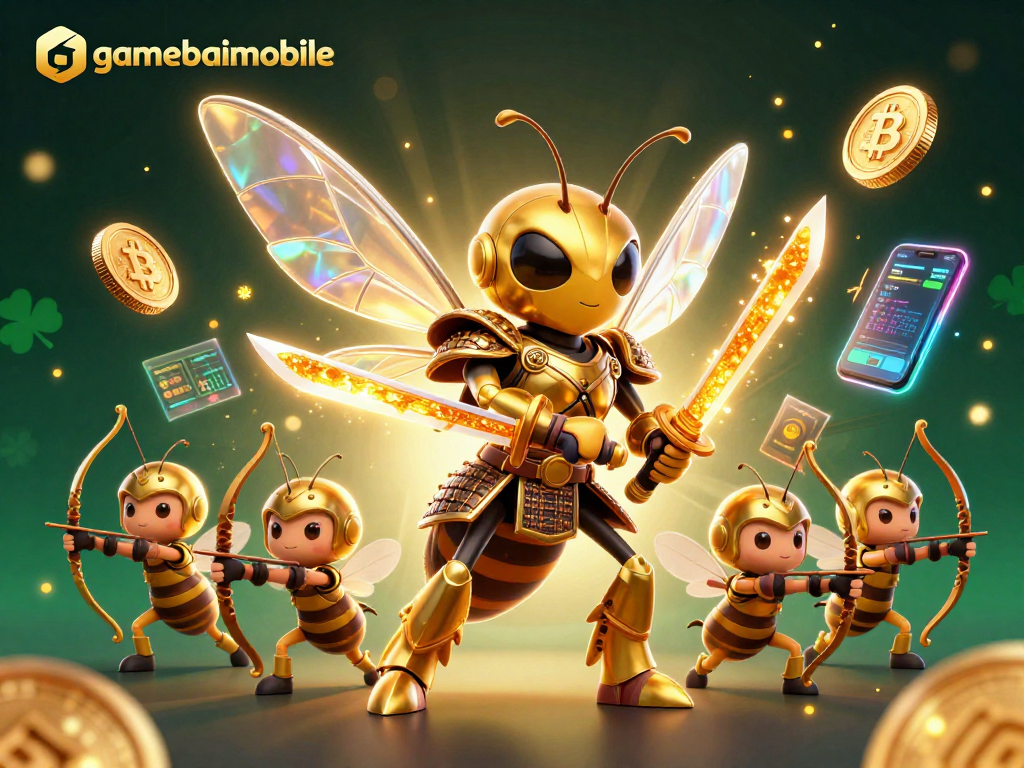 Engage with gamebaimobile's vibrant casino world through a stunning 3D illustration featuring crypto coins and characters.