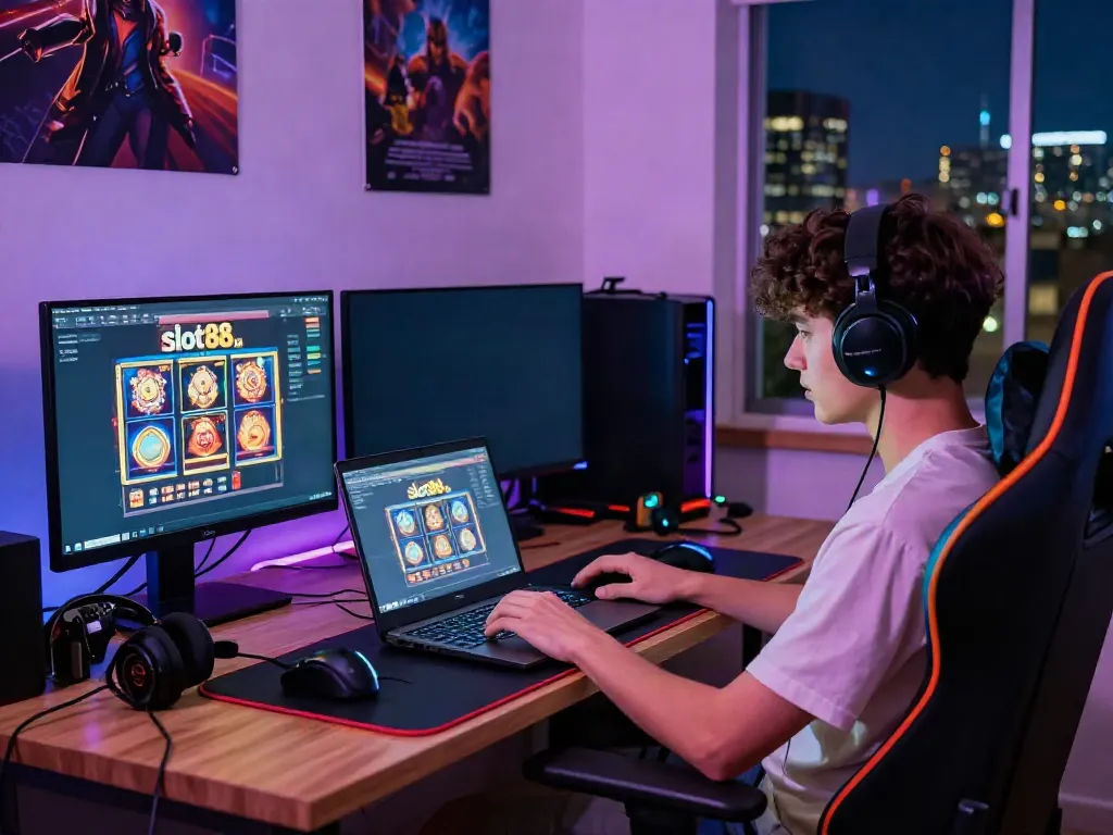 Engaging scene of a gamer enjoying slot88 online games on a laptop with vibrant gaming decor.