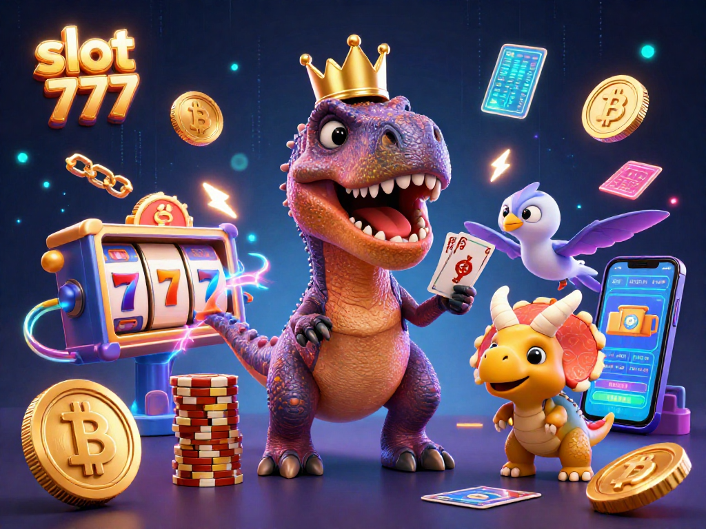Engage with slot 777 excitement featuring cartoon dinosaurs in a vibrant casino scene