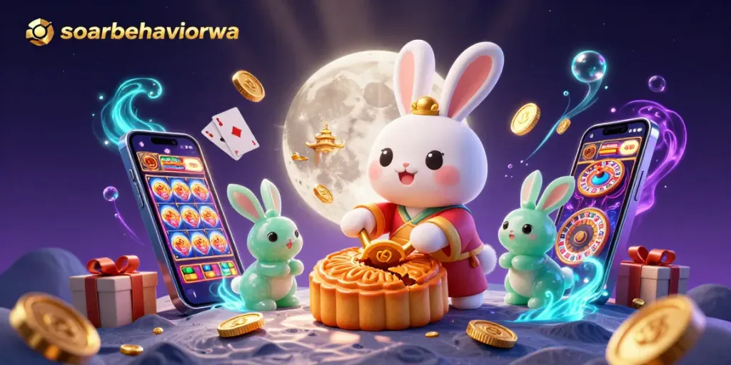 Engage in thrilling gaming action with soarbehaviorwa: a whimsical lunar scene featuring slot machines and poker chips.