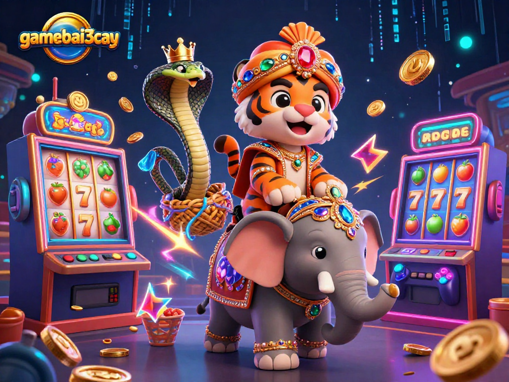 Engage with gamebai3cay's thrilling slots, featuring 3D maharaja tiger and vibrant casino elements.