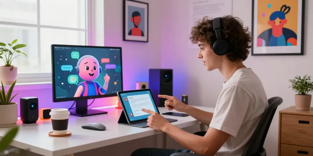 Engaging in spicy AI chat with colorful digital chatbot in a modern home office.
