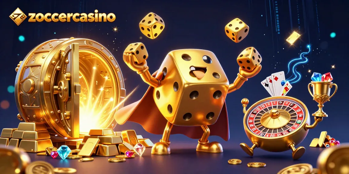 Spiele im zoccercasino mit einem dynamischen 3D-Cartoon-Stil, der große Würfel und glänzende Schätze zeigt.