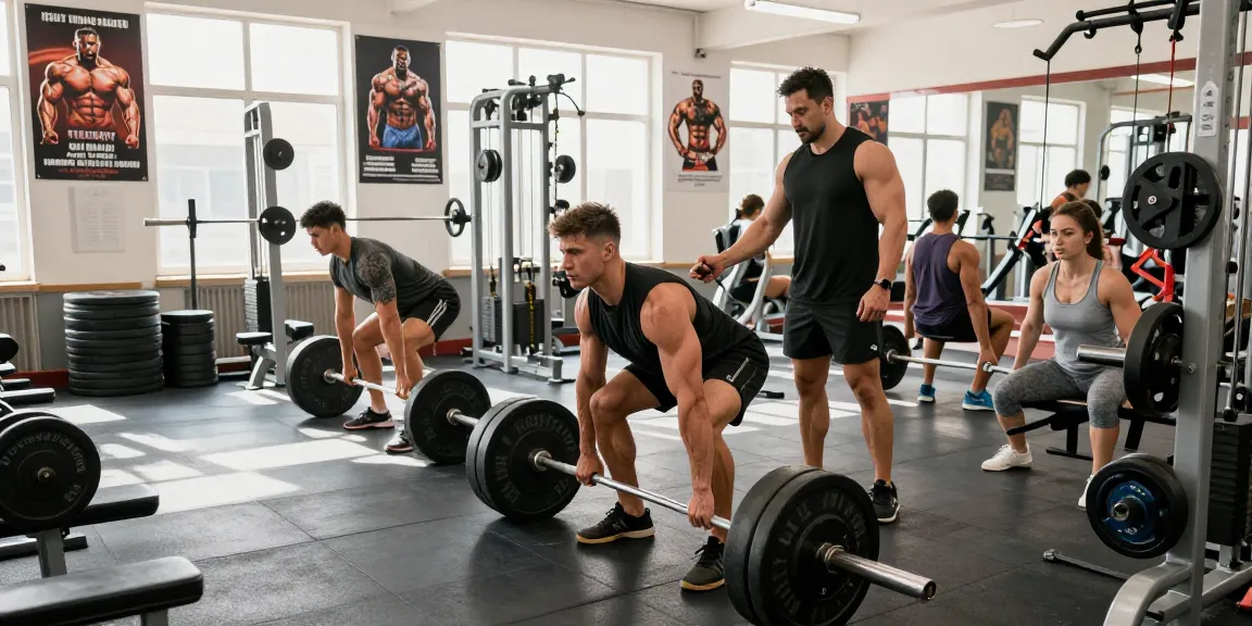 Krafttraining im Steroidshop: Bodybuilder im Fitnessstudio beim Deadlift, motivierende Umgebung und natürliche Beleuchtung.