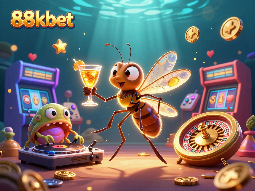 Experience the excitement at 88kbet with a vibrant casino-themed 3D illustration showcasing iconic game elements.