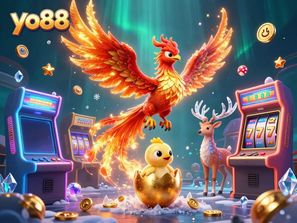 Experience thrilling gameplay at yo88 with a dynamic phoenix scene showcasing colorful casino elements.