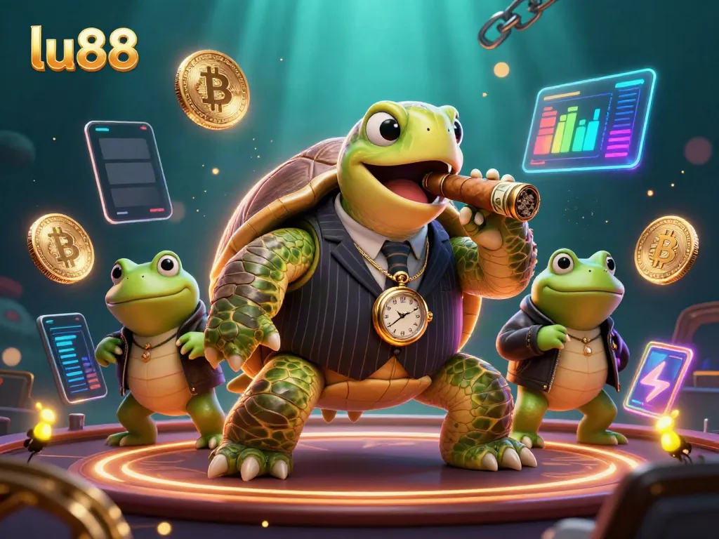 Experience the thrilling world of LU88 with a vibrant casino scene featuring unique characters and crypto elements.
