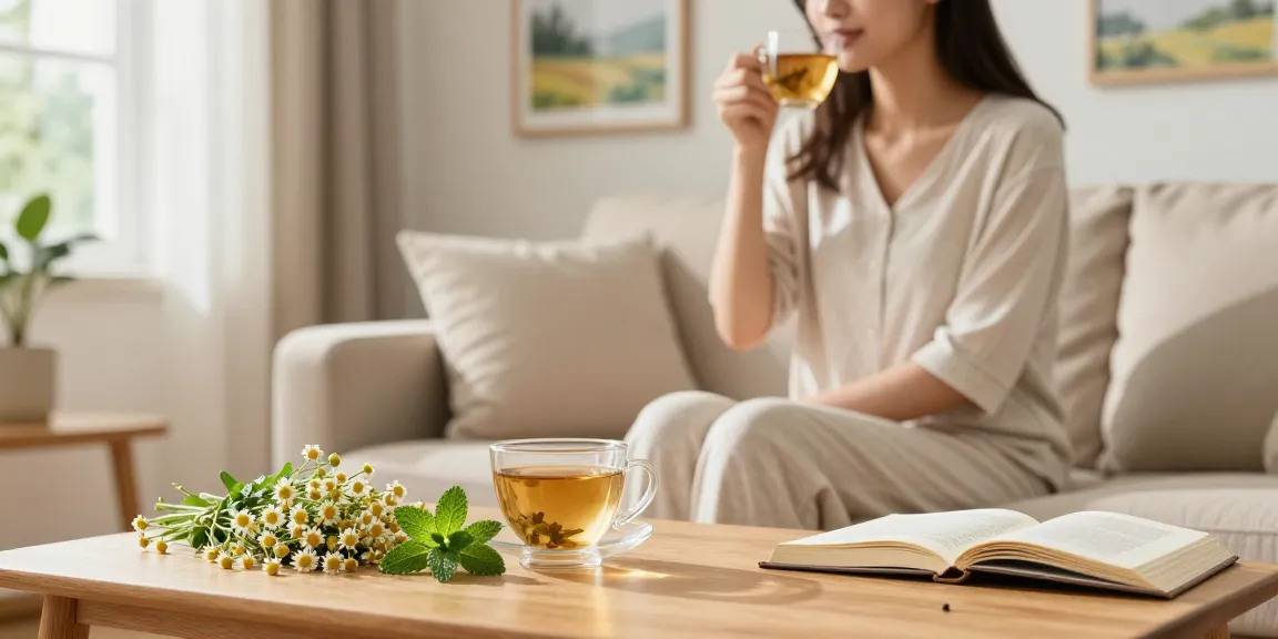 Confort urinaire avec tisane dans un espace relaxant, femme souriante à la tasse de tisane.