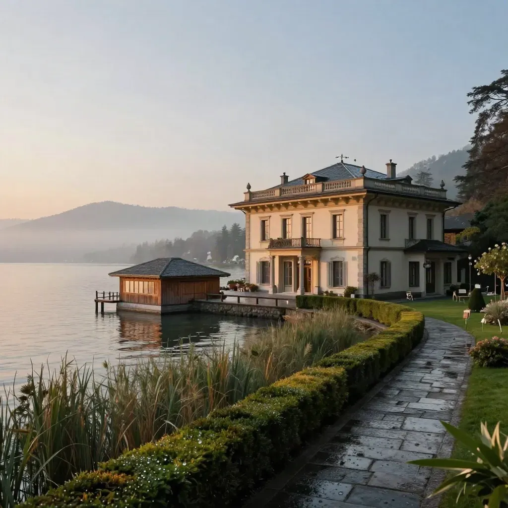 Luxusvilla am See mit Bootshaus, Terrasse, Garten, Garage und Morgennebel.