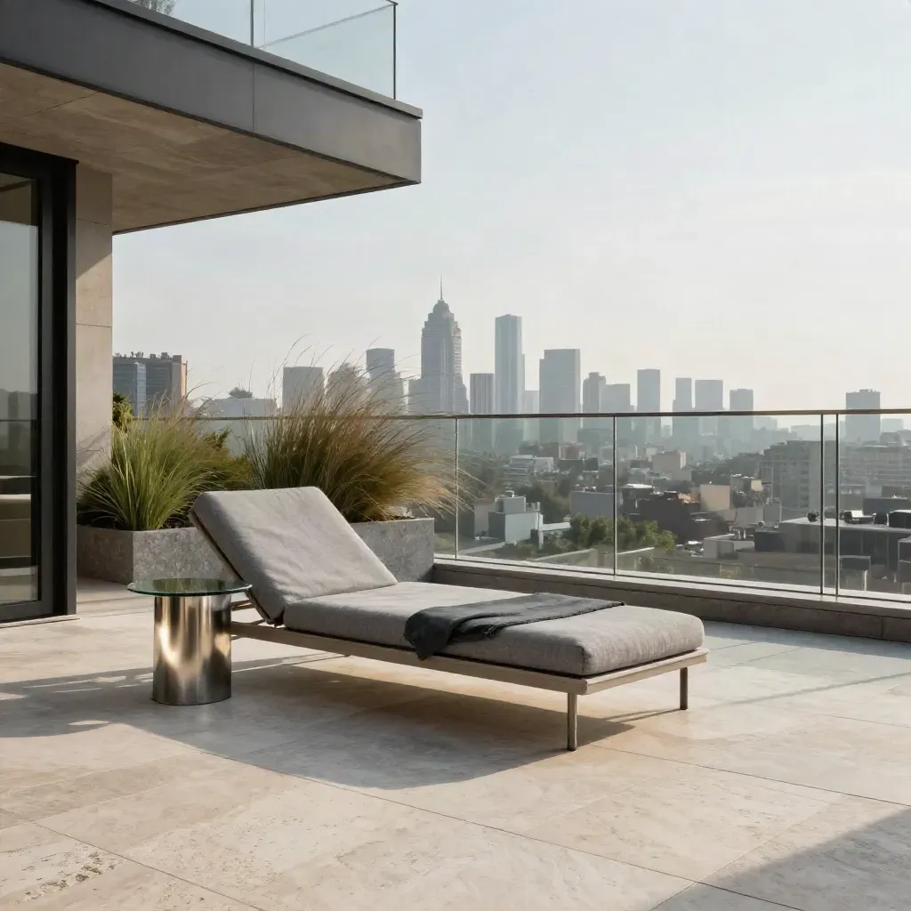 Luxuriöse Penthouse-Terrasse mit Travertinboden, Loungestuhl und Skyline im Abendlicht.