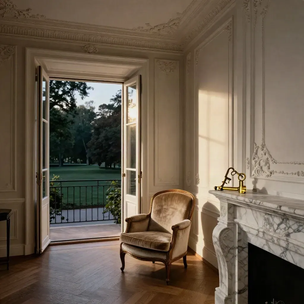 Altbau-Salon mit Stuck, Balkon und Blick in den dunklen Park, samtigem Sessel und Marmorkamin.