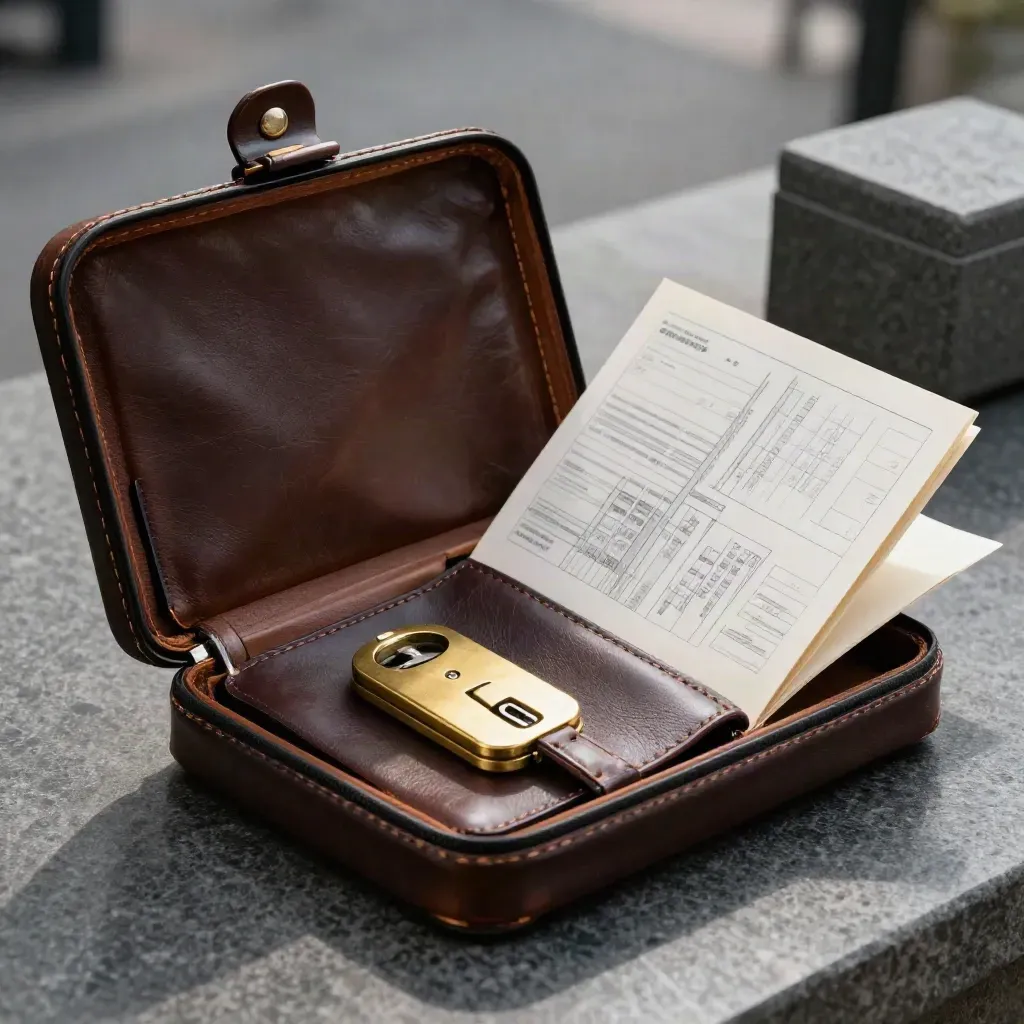 Dunkles Leder-Concierge-Kit mit Messing-Schlüsselfall, Steinblock und Bauunterlagen.