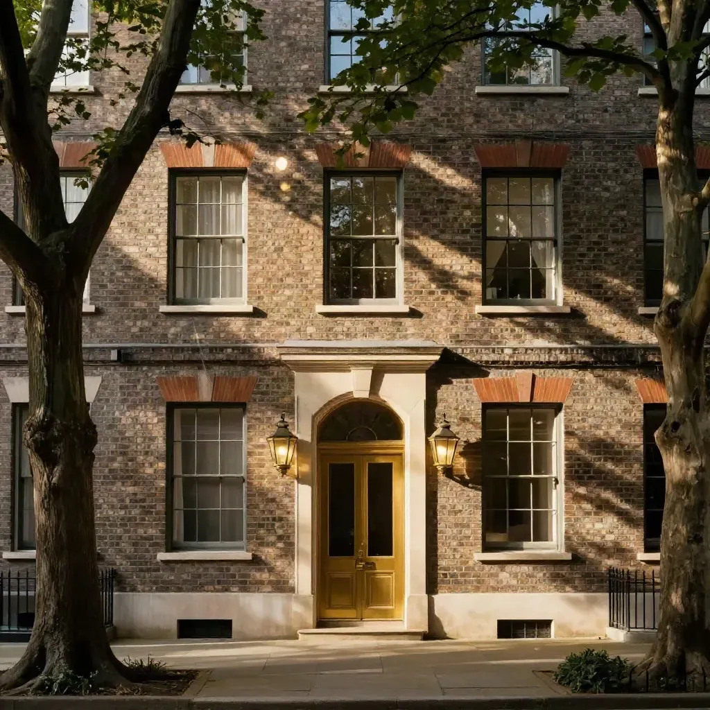 Backstein-Stadthaus mit Sprossenfenstern, Messinglaternen und Licht im Innenhof.