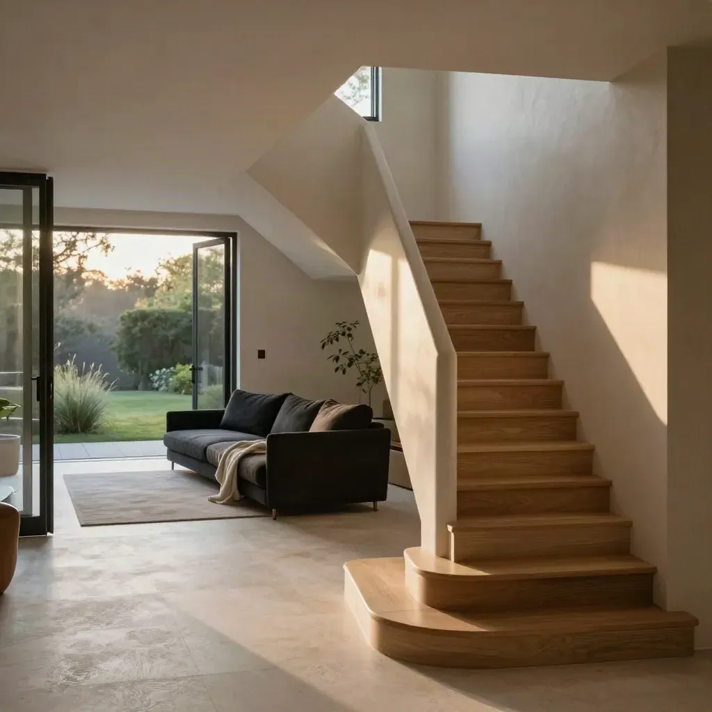 Dramatische Maisonette mit Treppe, Terrassentüren und Gartenblick bei Dämmerung.