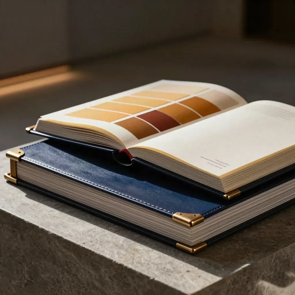 Dunkles Luxus-Exposé-Paket mit Folio, Boards und Bronze auf tiefblauem Untergrund.
