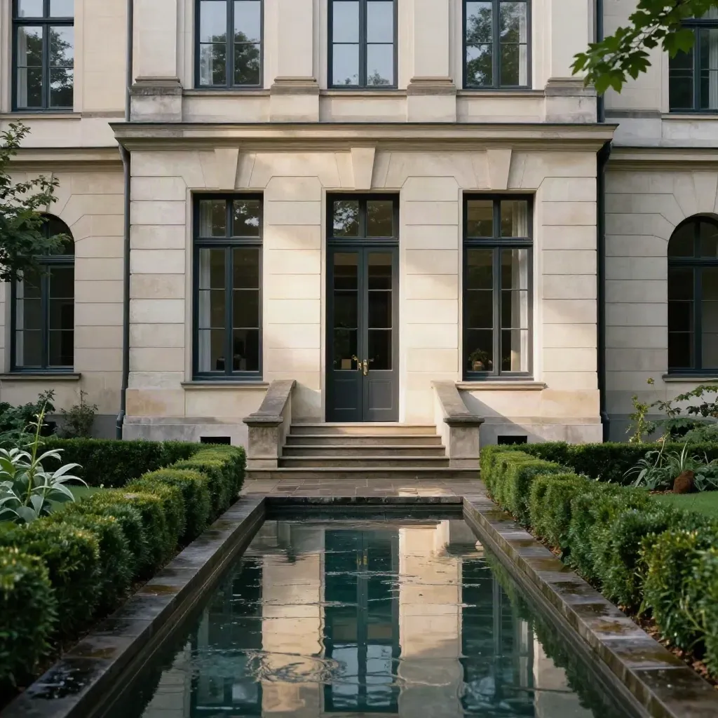 Elegante Stadtvilla mit Kalksteinstufen, hohen Fenstern, Hecken und schwarzem Wasserbecken.