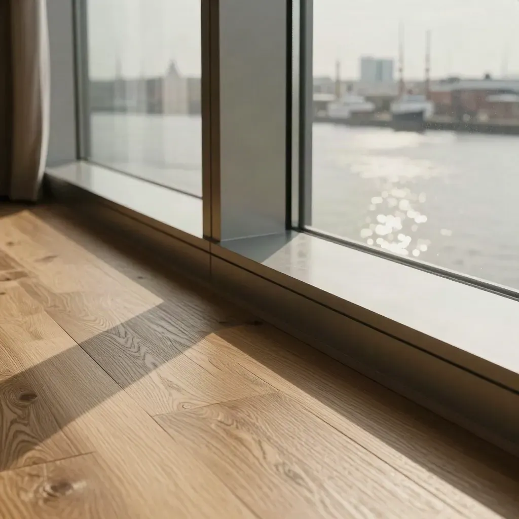 Makro von Eichenboden, Stahlträger und Hafenlicht im Penthouse