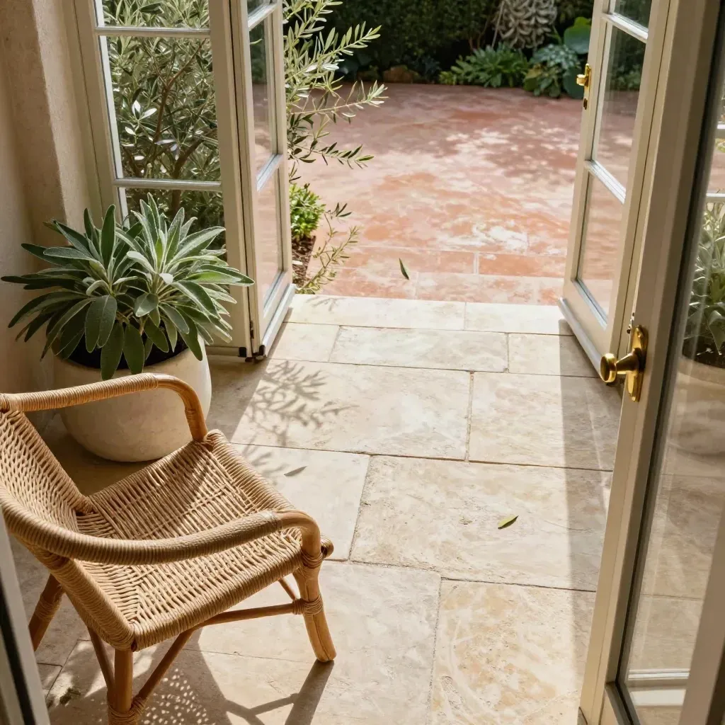 Terrasse einer Gartenwohnung mit Geflechtstuhl, Steinplatten und grüner Bepflanzung von oben