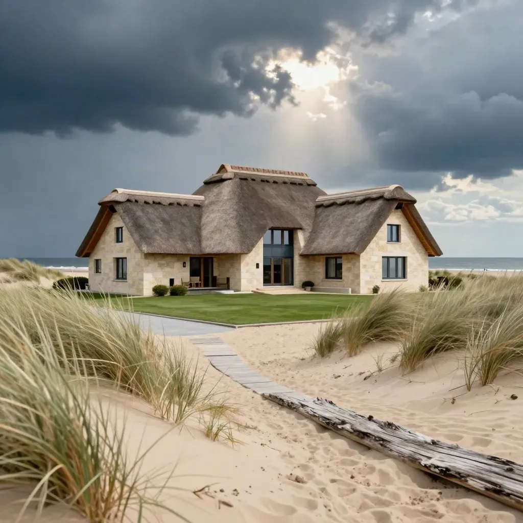 Luxusvilla auf Sylt mit Reetdach im Sturmlicht an der Düne
