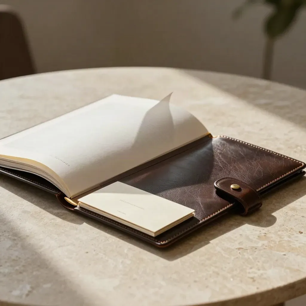 Luxus-Folio mit Immobilien-Exposé, Probeseiten und Karte auf Steintisch im Dramastil.