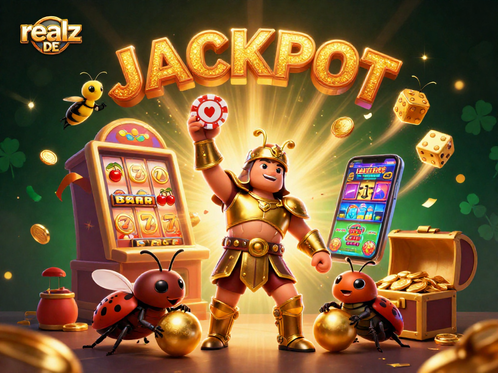 Spielen Sie mit realz DE und gewinnen Sie Jackpot, während der Käfer im Gladiator-Style feiert.