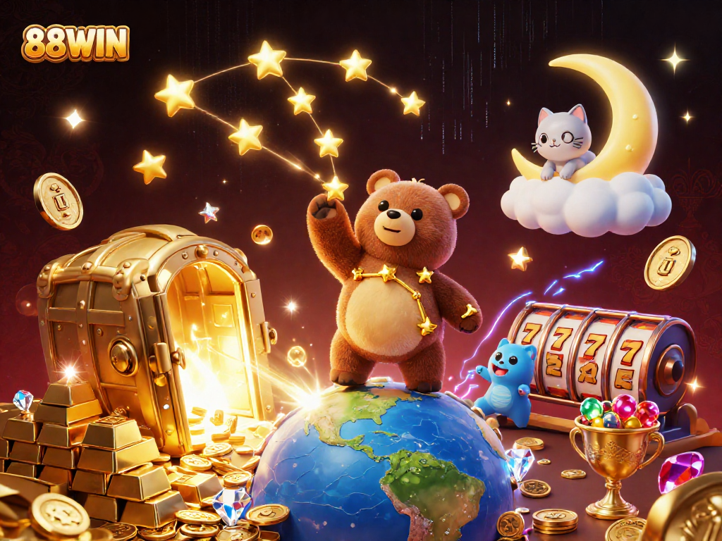 Play to win big at 88WIN with treasures of gold and jewels surrounding joyful characters in a 3D casino scene.