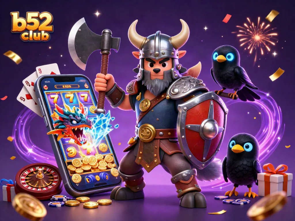 Experience thrilling action with b52club's intense gaming scene featuring a Viking wolf and dragon.