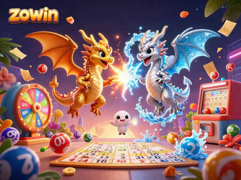 Zowin offers a vibrant gaming experience with colorful balls and dynamic rewards showcased in a 3D dragon illustration.