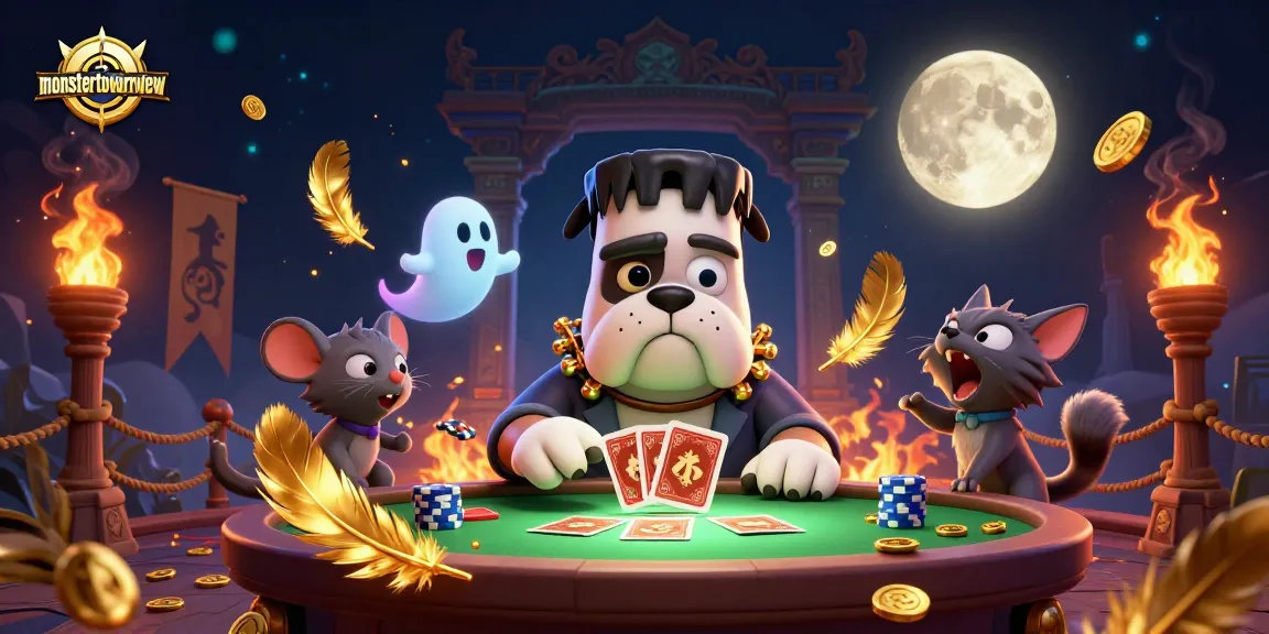 Play cards with the monstertowerreview characters featuring a bulldog monster at a spooky table.