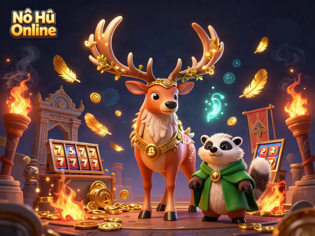 Experience the thrill of Nổ Hũ Online with an enchanting 3D illustration showcasing a Celtic druid stag and a wise badger, surrounded by dynamic slots and golden elements.