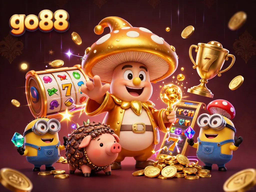 Experience the magic of go 88 with a whimsical wizard, pig, and gemstone minions in a vibrant casino scene.
