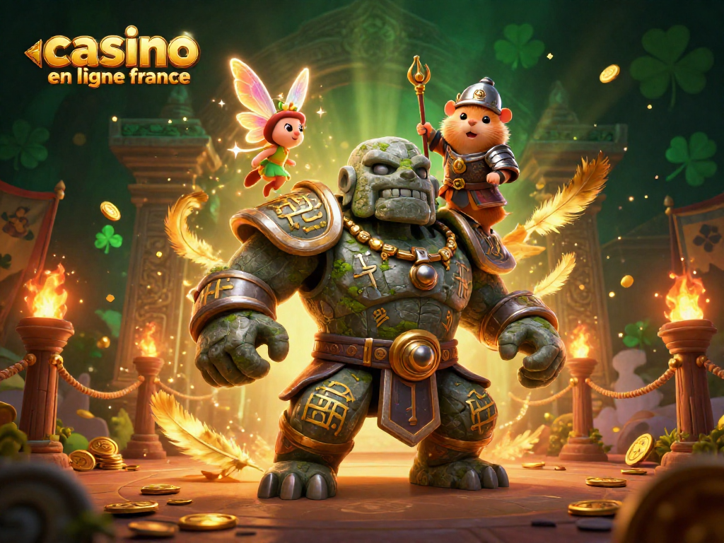 Visualisez le meilleur casino en ligne France, avec un golem enchanté et sa fée, plongeant dans l'univers des jeux.