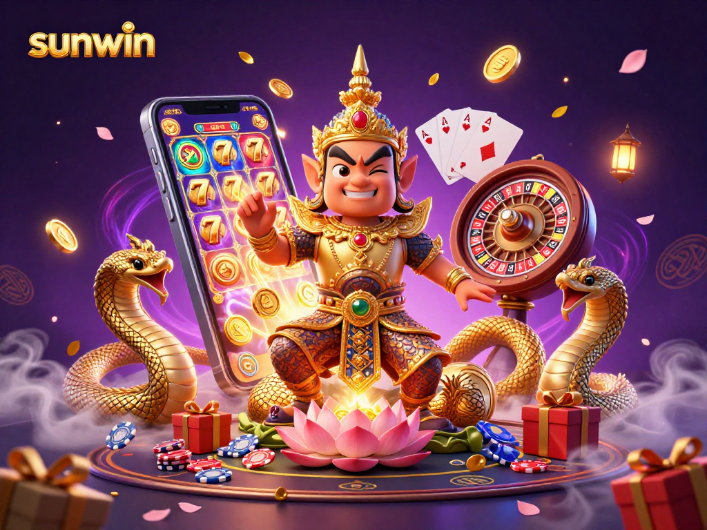 Experience excitement at sunwin casino with dynamic slot games, vibrant poker chips, and golden coins flying.