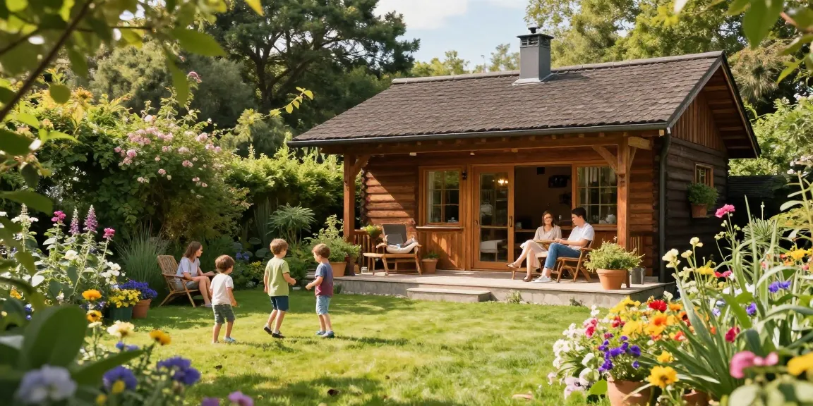 Gemütliches Gartenhaus umgeben von blühenden Blumen und einer Familie im Garten.