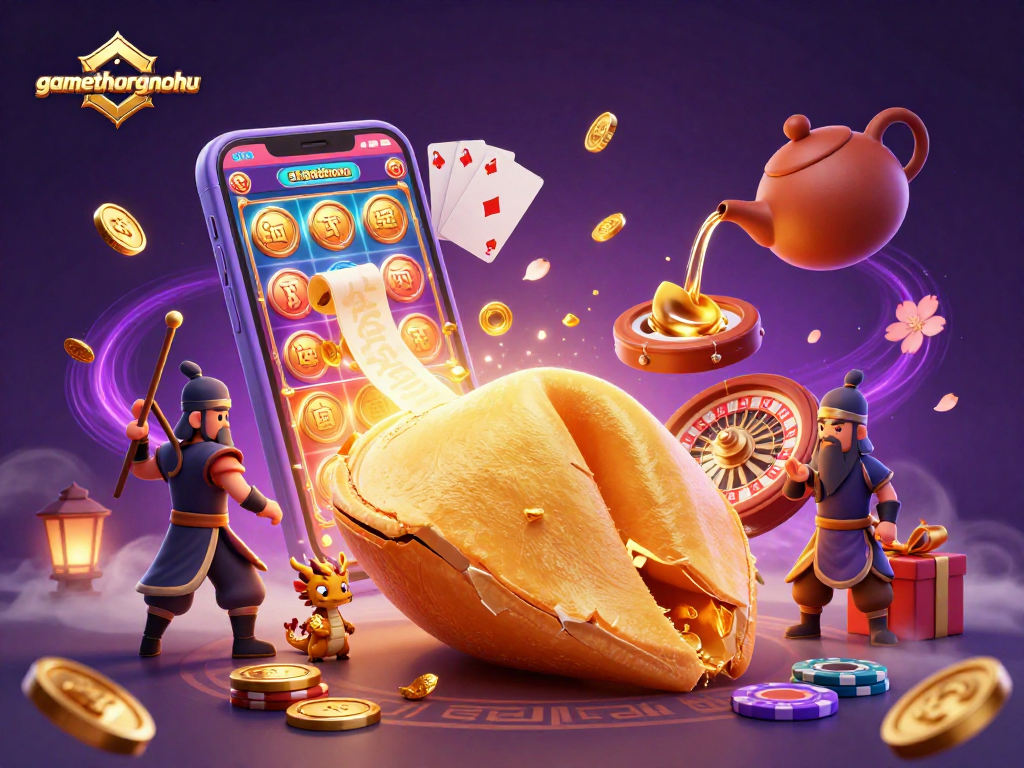 gamethuongnohu showcases a vibrant 3D illustration of a golden fortune cookie and gaming elements bursting with excitement.