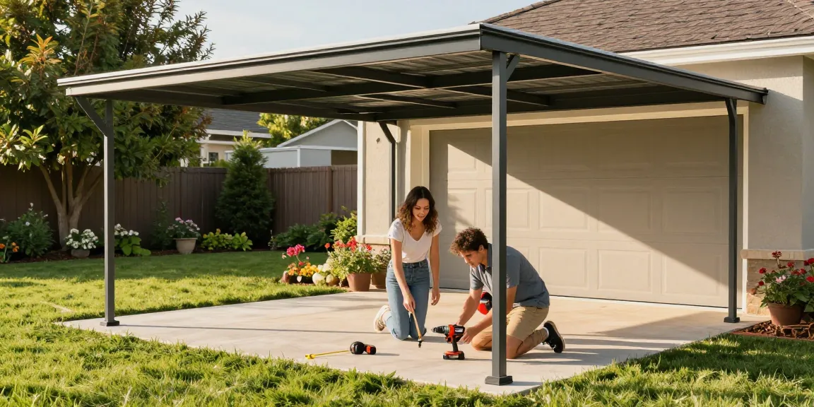 Moderne Carport-Installation im Garten mit glücklichem Paar und Werkzeugen