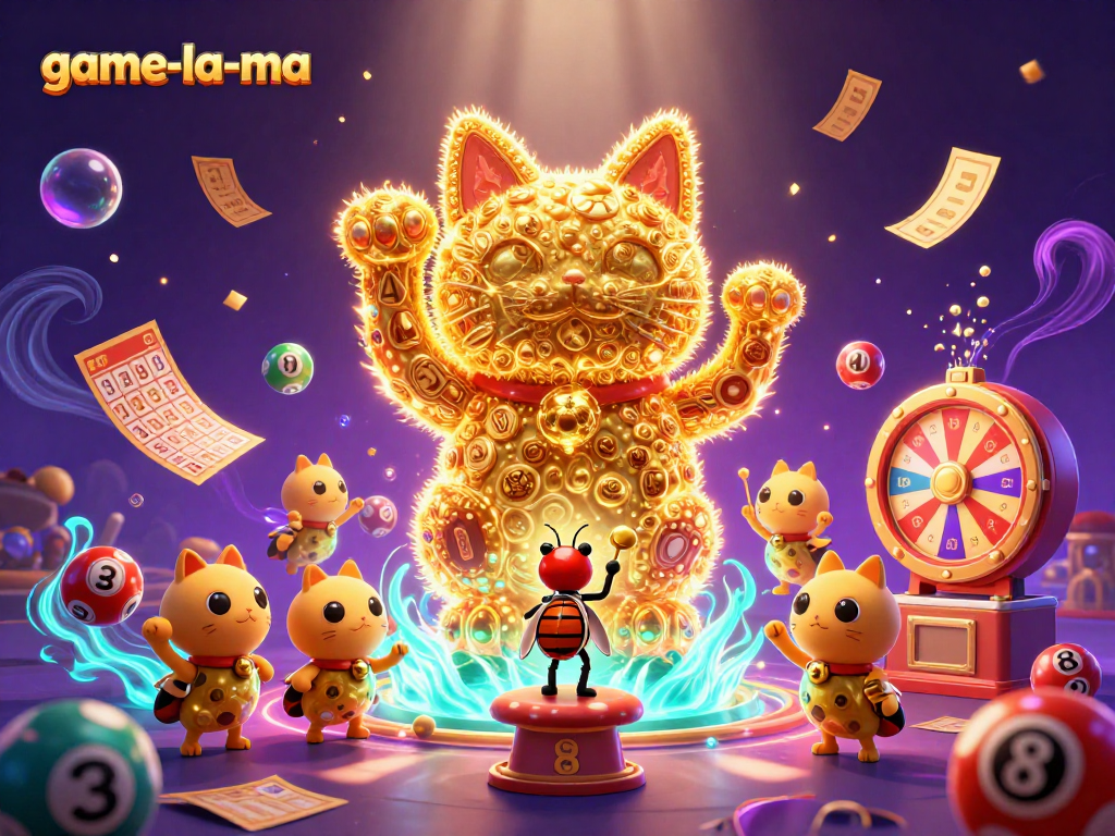 Experience excitement with game-la-ma's vibrant illustration of a lucky cat and dynamic gaming elements.