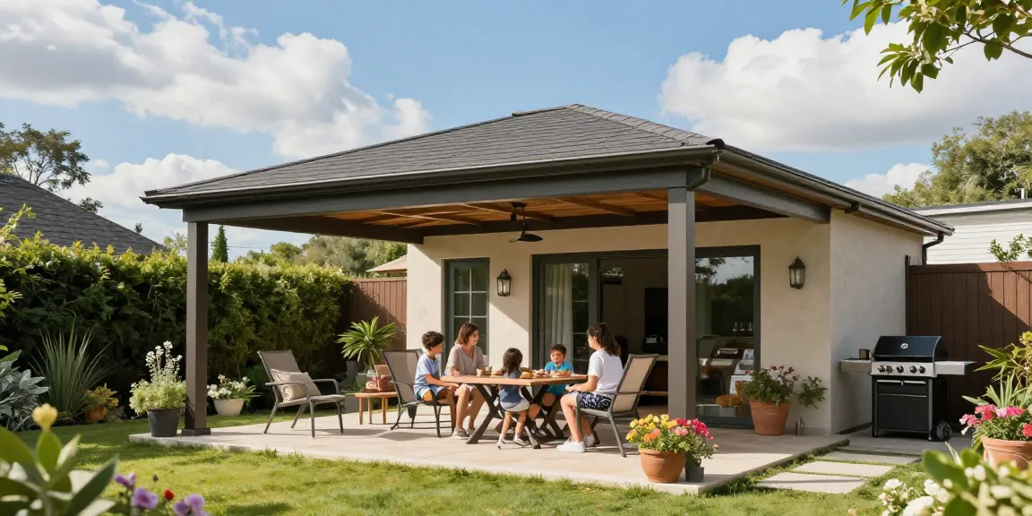 Freistehende Terrassenüberdachung mit glücklicher Familie im Garten.