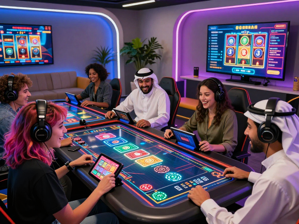 Exciting crypto casino scene with diverse friends engaging in futuristic gaming and digital interaction.