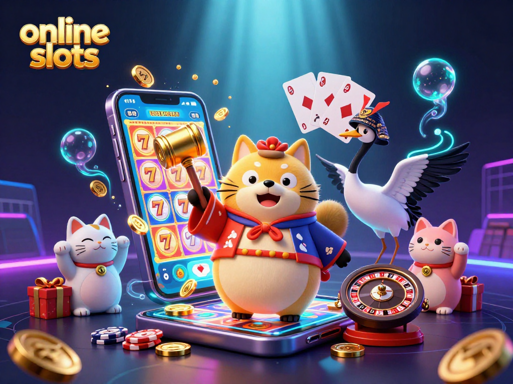 Engage with vibrant online slots featuring a cheerful tanuki and colorful casino elements.