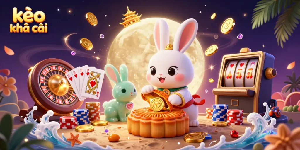 Engage with kèo nhà cái through thrilling 3D illustration of moon rabbit and casino elements.